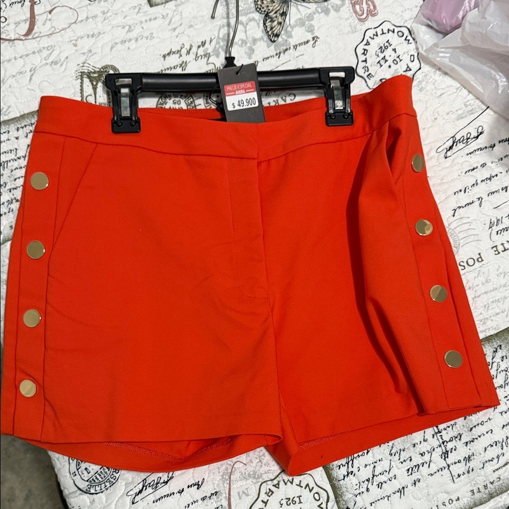 Women's orange Shorts with Gold Button Accents